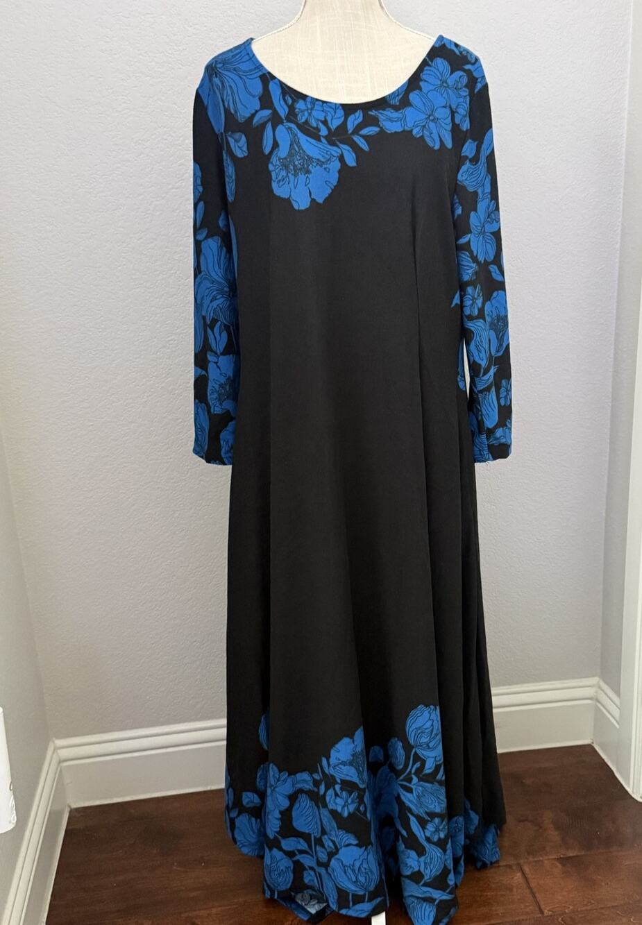 Reborn Womens 3XL Plus Black Blue Floral Maxi Dress Long Sleeve Boho Church